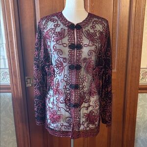Jeannie Brand Black and Red Embroidered Sheer Jacket. Women’s Size XL